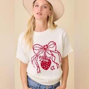 Strawberry Bow Boxy Sweater Knit Short Sleeve Top - Main Strip